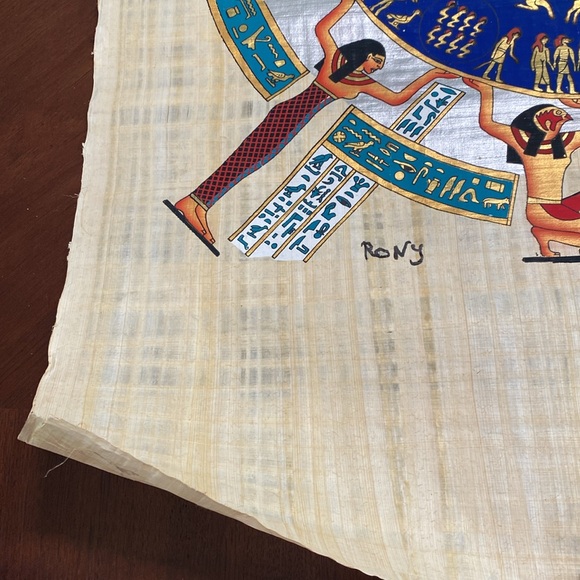 Hand Painted Egyptian Papyrus 36”H x 25”W with Storage Tube — Signed - Picture 13 of 14